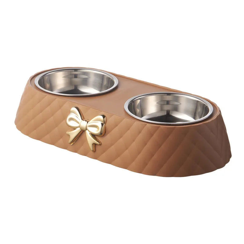Luxury Bow-Tie Double Pet Bowl — Stainless Steel | Dogs & Cats