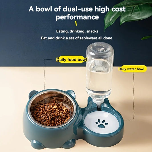 2-in-1 Pet Feeding Station — Stainless Steel Bowl & Auto Water Dispenser | Dogs & Cats