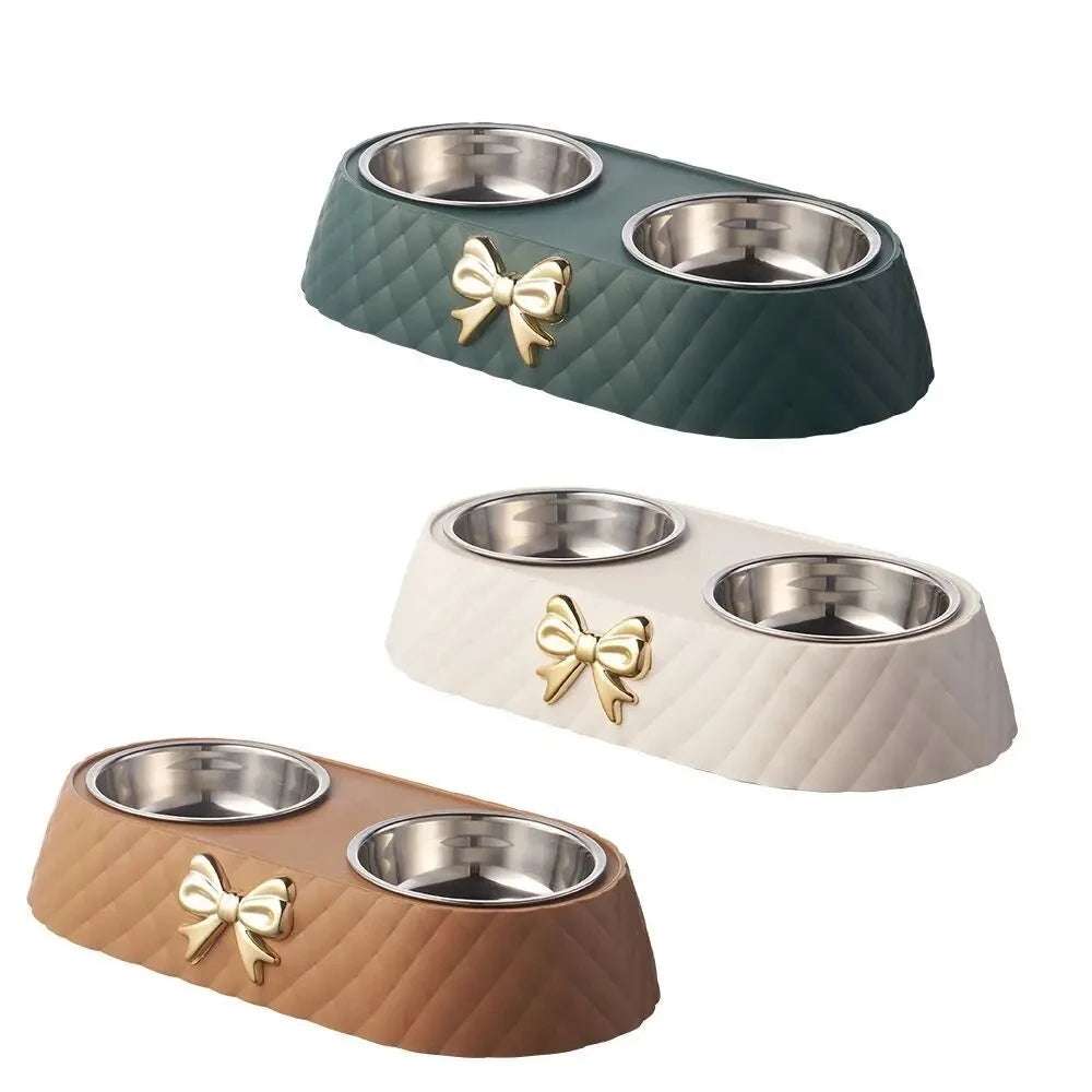 Luxury Bow-Tie Double Pet Bowl — Stainless Steel | Dogs & Cats
