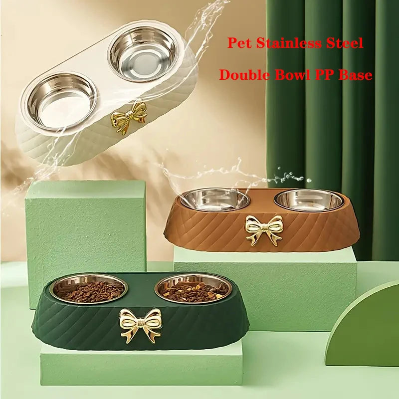 Luxury Bow-Tie Double Pet Bowl — Stainless Steel | Dogs & Cats