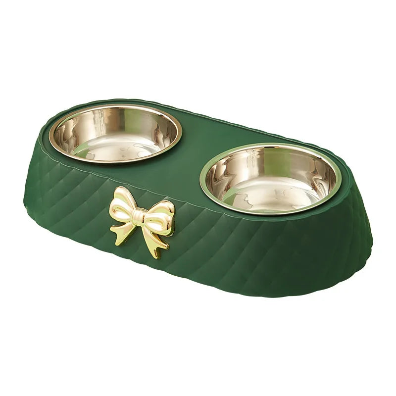 Luxury Bow-Tie Double Pet Bowl — Stainless Steel | Dogs & Cats