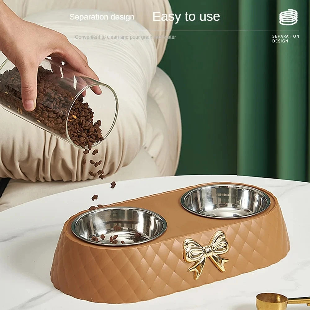 Luxury Bow-Tie Double Pet Bowl — Stainless Steel | Dogs & Cats