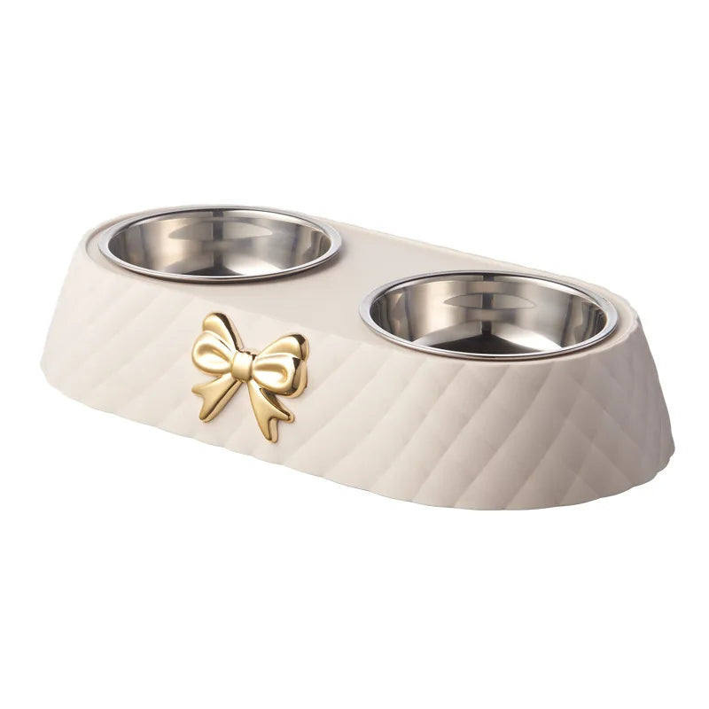 Luxury Bow-Tie Double Pet Bowl — Stainless Steel | Dogs & Cats