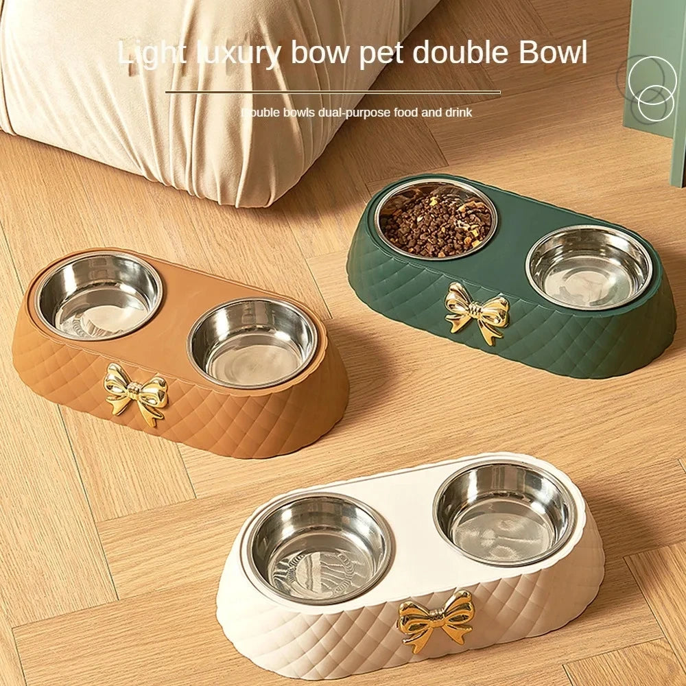 Luxury Bow-Tie Double Pet Bowl — Stainless Steel | Dogs & Cats