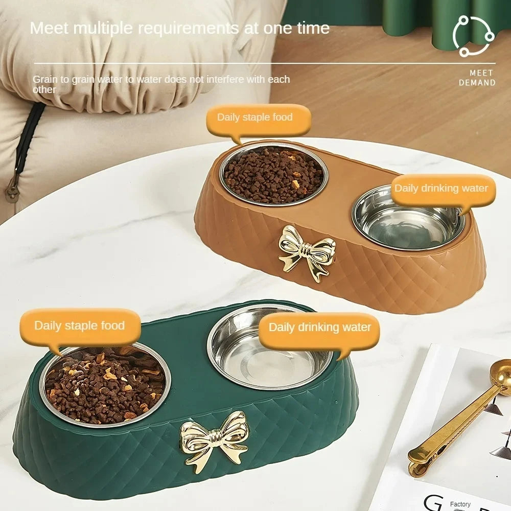 Luxury Bow-Tie Double Pet Bowl — Stainless Steel | Dogs & Cats
